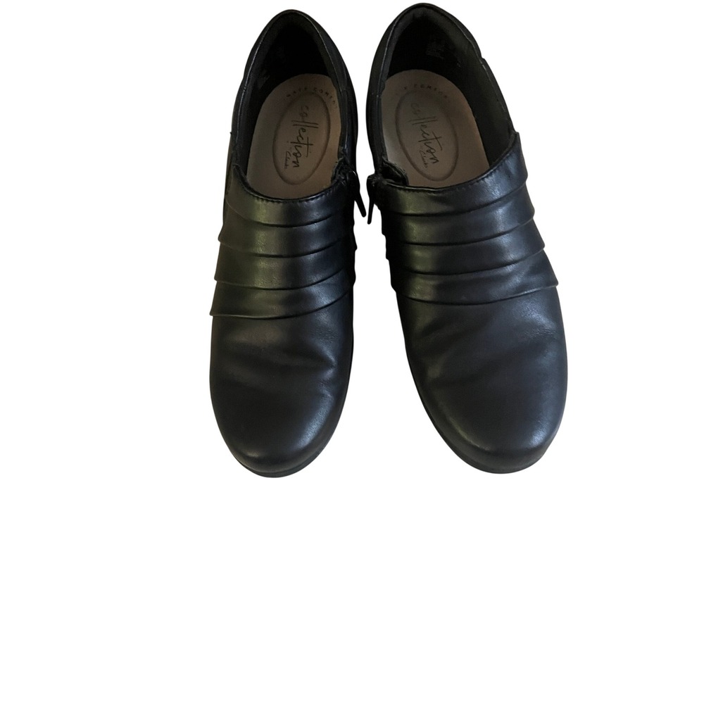 Clarks Collection Womens Black Leather Pleated Ankle Booties Block Heel Shooties